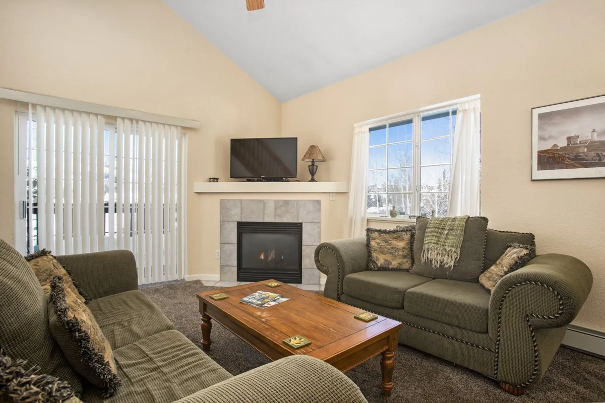 This image highlights a bright, airy living area with plush sofas, a wooden coffee table, a fireplace, a television, and large windows that let in abundant natural light. The space feels both open to gathering and relaxation, with views that hint at the outside world.